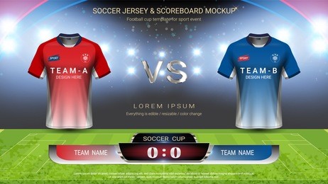 football cup or world championship sport event, soccer jersey mock-up and scoreboard match vs strategy broadcast graphic template, for presentation score or game results (vector eps10, fully editable)