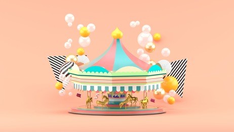 carousel among colorful balls on pink background.-3d render.