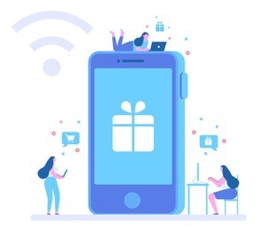 mobile shopping concept. different people in front of  big cell phone.flat vector illustration.