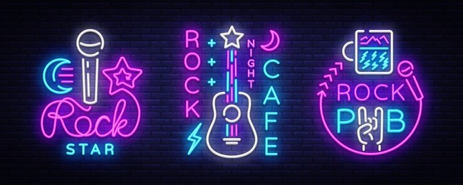 rock music collection neon logos vector. rock pub, cafe, rock star neon signs, conceptual symbols, bright night advertising, light banner, live music, karaoke, neon signboard, design element vector