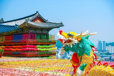 view of samgwangsa temple in busan city of south korea. thousands of paper lanterns decorate samgwangsa temple in busan, south korea for buddha's birthday.