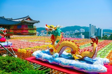 view of samgwangsa temple in busan city of south korea. thousands of paper lanterns decorate samgwangsa temple in busan, south korea for buddha's birthday.