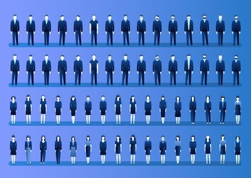 set of businessmen and businesswomen in flat style. people in various office clothes stand in the front in blue color. flat design, vector illustration.
