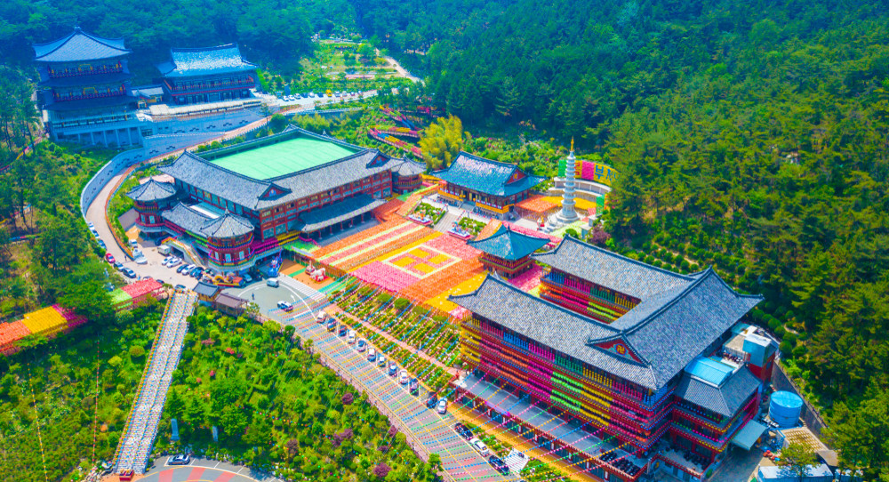 aerial view of samgwangsa temple in busan city of south korea. thousands of paper lanterns decorate samgwangsa temple in busan city of south korea for buddha's birthday.