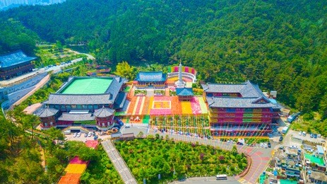 aerial view of samgwangsa temple in busan city of south korea. thousands of paper lanterns decorate samgwangsa temple in busan city of south korea for buddha's birthday.