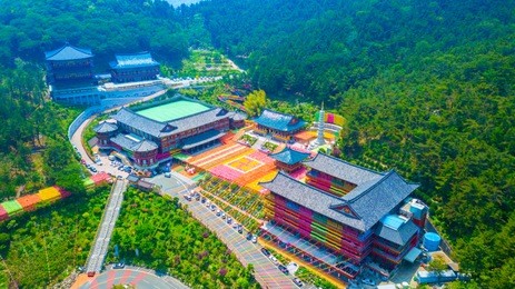 aerial view of samgwangsa temple in busan city of south korea. thousands of paper lanterns decorate samgwangsa temple in busan city of south korea for buddha's birthday.