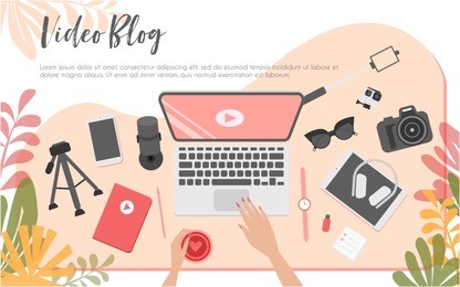 workplace of video blogger, view from above, desktop, laptop, action camera, phone, selfish stick, flash drive, tripod and arms