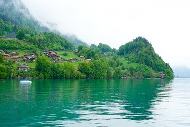 beautiful brienz town, village and scenery on lake brienz by interlaken, switzerland