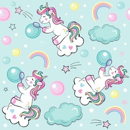 a beautiful unicorn blowing soap bubbles seamless pattern
