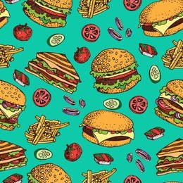 vector hand drawn seamless pattern of burgers, french fries, sandwich, tomato and onion. cartoon set of fast food.  isolated on white. for restaurant, menu, street food, bakery, cafe, flyer
