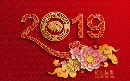 happy chinese new year 2019 zodiac sign with gold paper cut art and craft style on color background.(chinese translation : year of the pig)