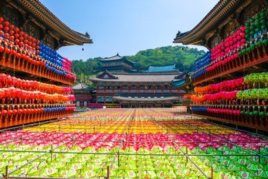 view of samgwangsa temple in busan city of south korea. thousands of paper lanterns decorate samgwangsa temple in busan, south korea for buddha's birthday.