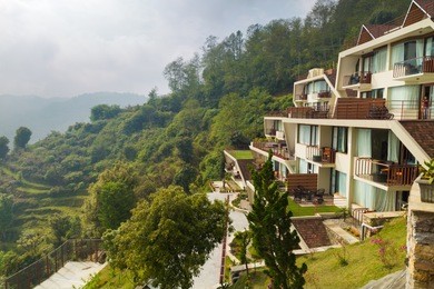 beautiful hotel building placed in the hillside of nagarkot, nice view of mount everest, nepal