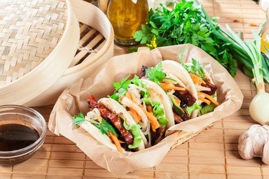 gua bao, steamed buns with pork belly and vegetable. asian cuisine