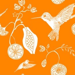 seamless hummingbird and exotic fruit pattern
