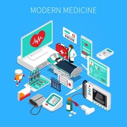 modern medicine isometric composition on blue background with doctor and patient, medical devices and drugs vector illustration