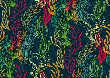 underwater sealife seamless pattern with seaweed plants, corals drawing