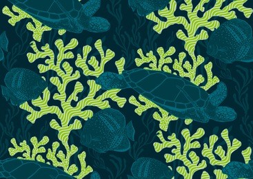underwater sealife seamless pattern with seaweed plants, fishes, turtles, corals drawing.