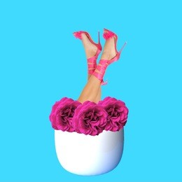 modern art collage. legs upside down with high heels coming out of a vase filled with roses