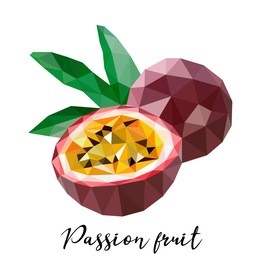 passion fruit. vector illustration in low poly style. illustration of tropical fruit in polygonal style. can be used as a print for t-shirts, food packaging, textiles, souvenirs, notepads.