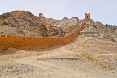 overhanging great wall in jiayuguan city, gansu province. the wild section of the great wall at the most western part in china. 