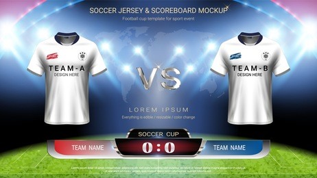 football cup or world championship sport event, soccer jersey mock-up and scoreboard match vs strategy broadcast graphic template, for presentation score or game results (vector eps10, fully editable)