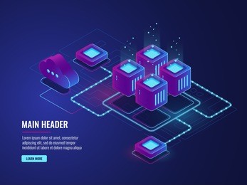 server room, cloud storage technology, transmission and exchenge data center, dark neon isometric vector