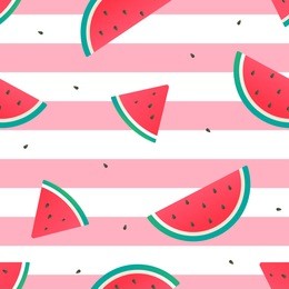 watermelon seamless pattern vector illustration. watermelon slices on pink and white stripes background.