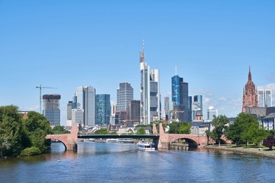 frankfurt on main skyline in front of a blue sky in summer