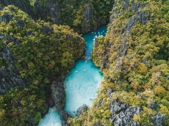 el nido, philippines big lagoon , small lagoon from drone in palawan.