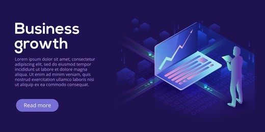 business growth isometric vector illustration. abstract businessman with laptop background. financial increase or stock exchange website header layout. digital technology concept.