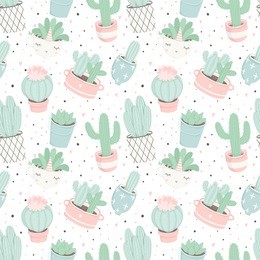 cute summer theme seamless pattern with cacti. pretty and soft pastel colors. pattern with different cactuses and succulents in pretty pot. trendy pastel colors. vector illustration with house plants