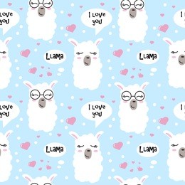 seamless pattern with hearts and lama faces. cute llama head drawings with lettering and different emotions. hand drawn vector pattern with alpaca for cards, t-shirts, cases, textile.