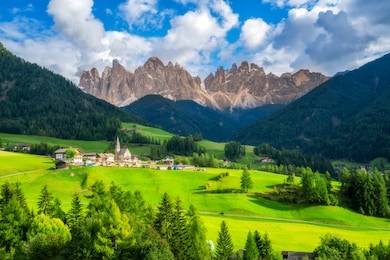 dolomites italy landscape at santa maddalena or st. magdalena village with geisler or odle dolomites group. the beautiful mountain landscape attracts tourist to travel to dolomites in northern italy.
