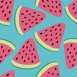 bright colorful seamless vector pattern with fruit slices of watermelon. summer mood illustration for surface design. vegan illustration.