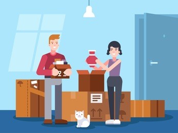 happy cheerful couple man and woman moving in together in a new house apartment home