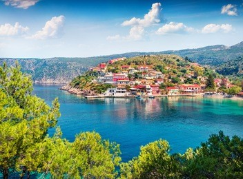 impressive morning cityscape of asos village on the west coast of the island of cephalonia, greece, europe. colorful spring sescape of ionian sea. traveling concept background.