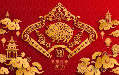 happy chinese new year 2019 zodiac sign with gold paper cut art and craft style on color background.(chinese translation : year of the pig)