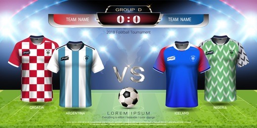 football cup 2018 team group d, world championship tournament in russian, soccer jersey mock-up with scoreboard match vs strategy broadcast graphic template, for presentation score or game results.