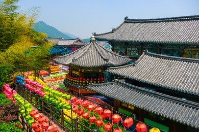 view of samgwangsa temple in busan city of south korea. thousands of paper lanterns decorate samgwangsa temple in busan, south korea for buddha's birthday.
