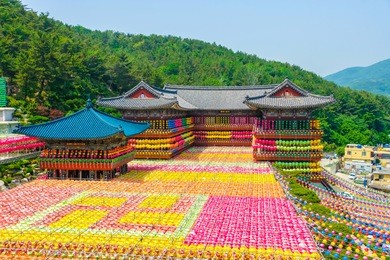 view of samgwangsa temple in busan city of south korea. thousands of paper lanterns decorate samgwangsa temple in busan, south korea for buddha's birthday.