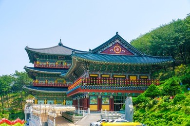 view of samgwangsa temple in busan city of south korea. thousands of paper lanterns decorate samgwangsa temple in busan, south korea for buddha's birthday.