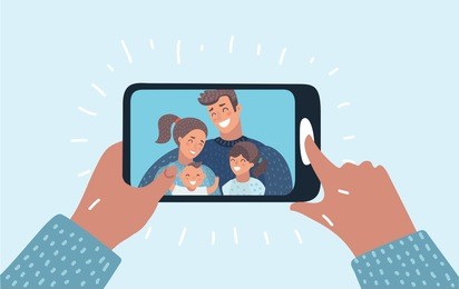 vector cartoon illustration of family call concept. young family with 2 kids are having video call using the smartphone. human hand hold device. chat.