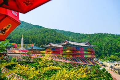 view of samgwangsa temple in busan city of south korea. thousands of paper lanterns decorate samgwangsa temple in busan, south korea for buddha's birthday.