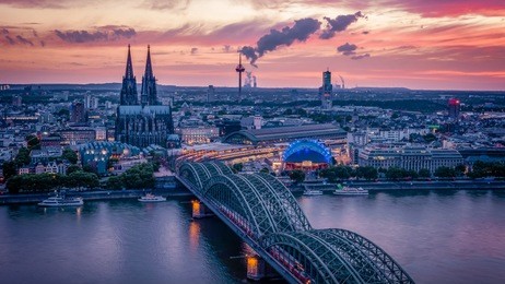 cologne koln germany during sunset, cologne bridge with cathedral