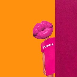 contemporary funny art. concept womans body with lips as a head