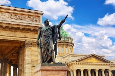 cathedral of our lady of kazan and monument of kutuzov, saint petersburg, russia