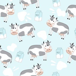 seamless pattern with cute cows and milk packs. vector illustration in the scandinavian style. suitable for postcards, posters, printing on textiles, packaging, decorating a children's room.