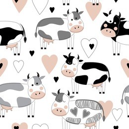 seamless pattern with cute different cows and hearts. vector illustration in the scandinavian style. suitable for postcards, posters, printing on textiles, packaging, decorating a children's room.