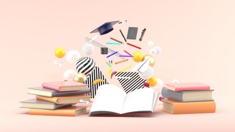school supplies floating out of a book amidst colorful balls on a soft pink background.-3d render.
